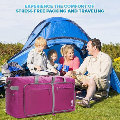 Bago Large Foldable Duffel Bags for Traveling Women & Men - 120L Packable Duffle Bag for Travel with Shoe Compartment - Water Repellant, Heavy Duty, Lightweight Folding & Collapsible (Pink)