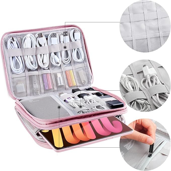 Electronic Organizer Travel Case, Travel Cable Bag, Water Resistant, Double Layers Pouch for Cables, Cords, iPad Mini, Gift for Women, Nylon, Pink, 9.5 x 6.9 x 1 Inch, 6.6 OZ