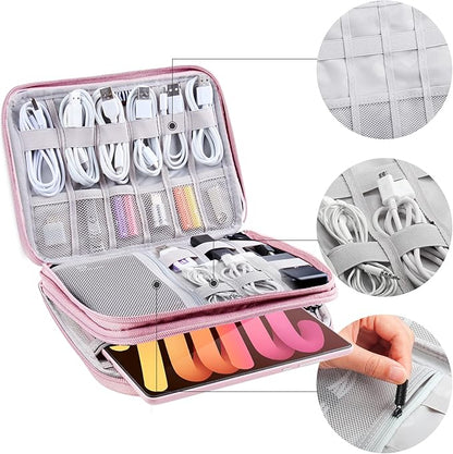 Electronic Organizer Travel Case, Travel Cable Bag, Water Resistant, Double Layers Pouch for Cables, Cords, iPad Mini, Gift for Women, Nylon, Pink, 9.5 x 6.9 x 1 Inch, 6.6 OZ
