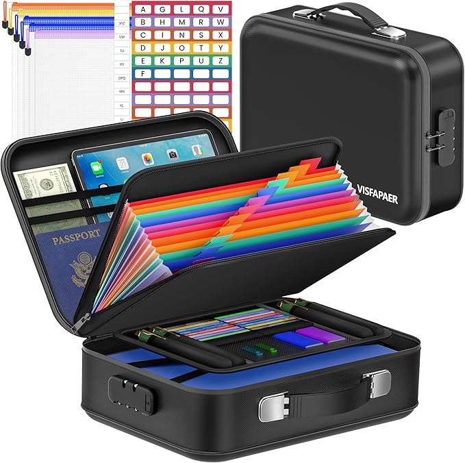 Fireproof Document Box with Lock, Waterproof Hard Shell File Organizer with 13 Pocket Accordion Folder for Important Documents, Laptop, Passports, Portable Home Office Travel Safe Box