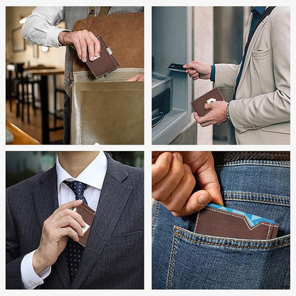 Men's Wallet, Genuine Leather RFID Blocking Slim Money Clip Wallet Minimalist Front Pocket Tri-Fold Money Clip Credit Card Holder with Present Box Brown