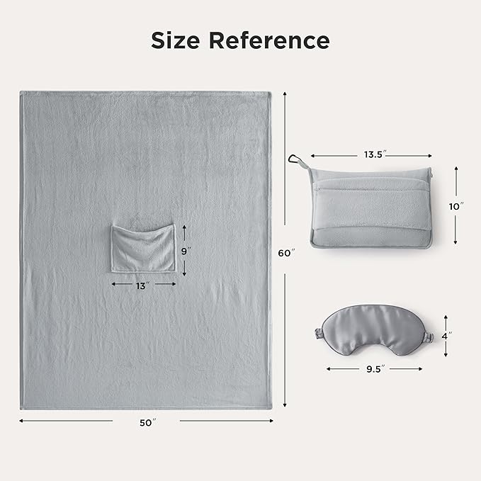 Bedsure Travel Blanket Airplane Compact with Storage Bag, Packable Blanket with Eye Mask, Lightweight 2-in-1 Travel Essentials, Functioned as Pillow for Airplane Comfort and Warmth, Grey