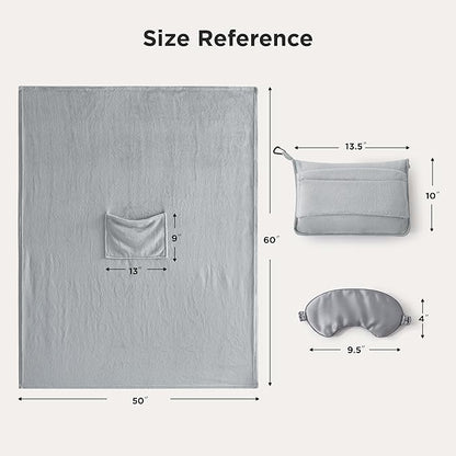 Bedsure Travel Blanket Airplane Compact with Storage Bag, Packable Blanket with Eye Mask, Lightweight 2-in-1 Travel Essentials, Functioned as Pillow for Airplane Comfort and Warmth, Grey