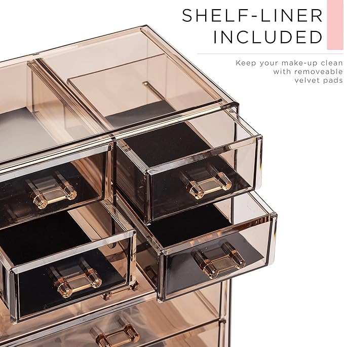 Sorbus Acrylic Makeup Organizer Set, 7-Drawer Vanity & Countertop Cosmetic Storage with Small & Wide Compartments, Bronze Glow Makeup Storage for Brushes, Jewelry – Holiday Gift for Women & Teens