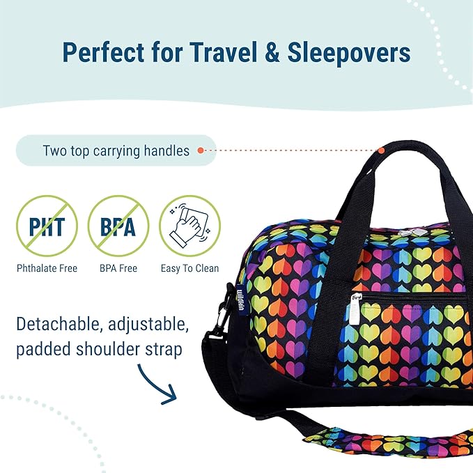Wildkin Kids Overnighter Duffel Bag – Carry-On Size, Ideal for School & Sleepovers – Rainbow Hearts