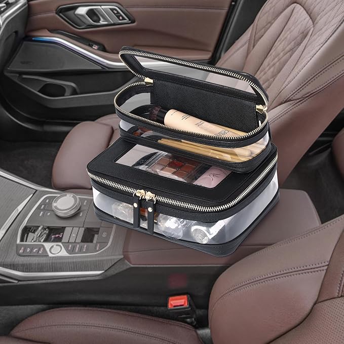 Pinkmik Clear Makeup Bag with Brush Case Travel Toiletry Bag Waterproof Cosmetic Organizer Car Essentials for Women (Black, M+SLIM-1)