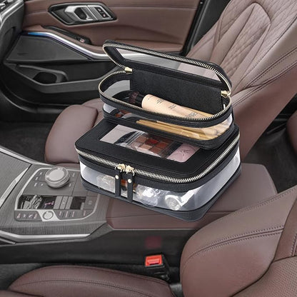 Pinkmik Clear Makeup Bag with Brush Case Travel Toiletry Bag Waterproof Cosmetic Organizer Car Essentials for Women (Black, M+SLIM-1)