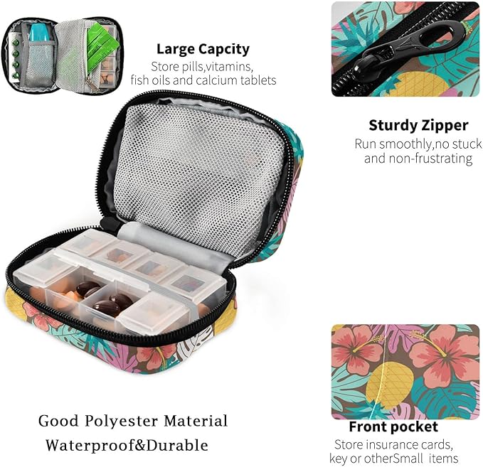Fustylead Hibiscus Pineapple and Tropical Leaf Travel Pill Organizer Bag with Zipper Small Pill Box 7 Day Pill Case for Purse Storage Weekly Vitamin Medicine Supplement