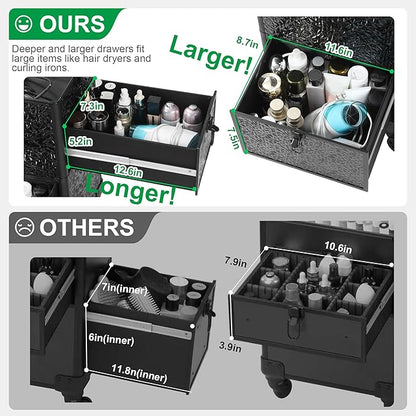 Rolling Makeup Case with Large Drawer, Makeup Train Case with Tray, Cosmetology Case on Wheels, Travel Makeup Case Organizers, Professional for Salon Barber, Nail, Tattoo, Black