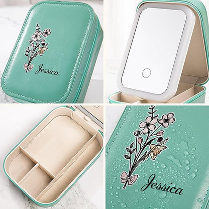 callie Personalized Birth Flower Jewelry Box with Mirror & LED 3 Adjustable Light, Custom Name - Travel Makeup Organizer Box, Birthday Christmas Gift for Women Girls