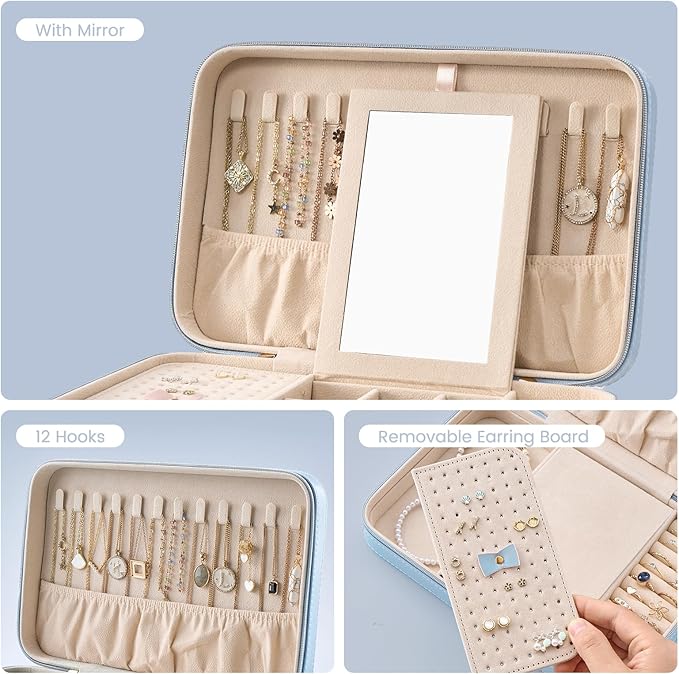 Lolalet Travel Jewelry Case for Women Girls, Travel Jewelry Organizer Box with Mirror & Clear Storage Bag, Small Portable Earring Necklace Bracelet Ring Case, Birthday Christmas Gifts -Large, Blue