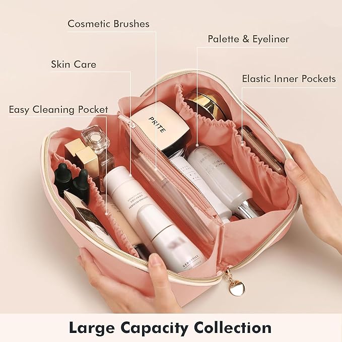 Prite Makeup Bag for Women Travel Waterproof Vegan Leather Cosmetic Bag Open Flat Toiletry Bag With Clear Divider and Handle (Pink)