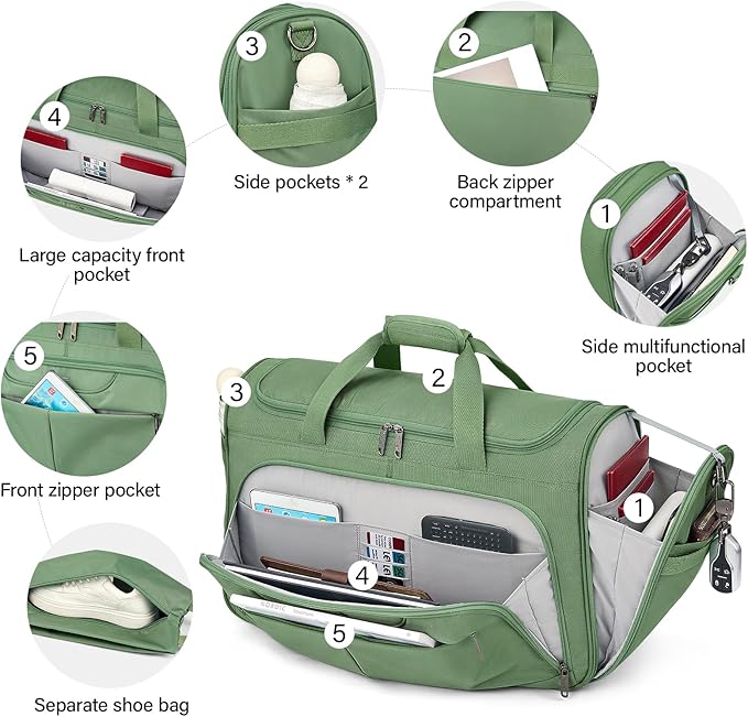 Hanke Carry On luggage Bags for Travel, Large Foldable Duffle Bag for Travel, Softside Lightweight Travel Bag Carry On Bags for Airplanes Women, Travel Tote Bags for Women Men.(Forest Green)