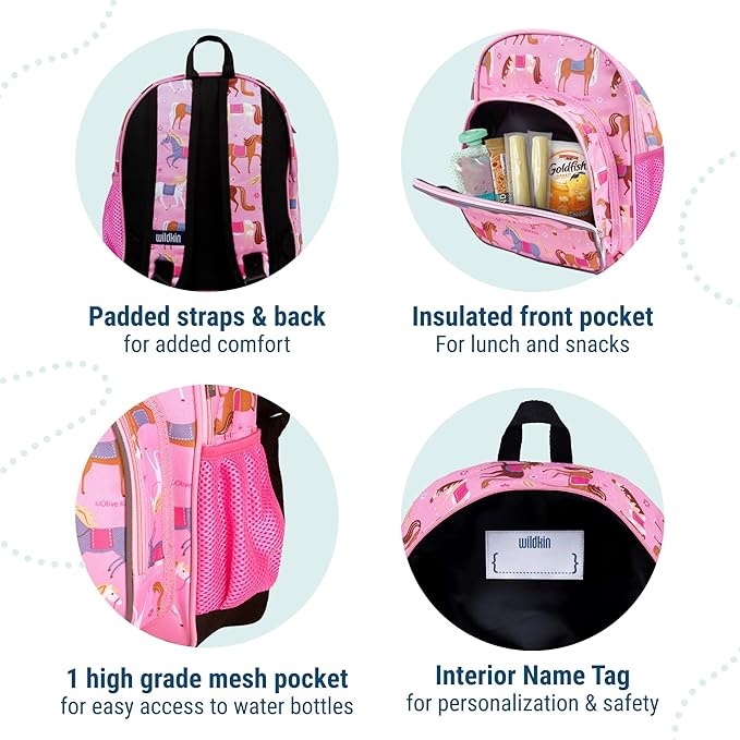 Wildkin 12-inch Kids Backpack – Padded, Adjustable, Ideal for Daycare & Travel - Horses