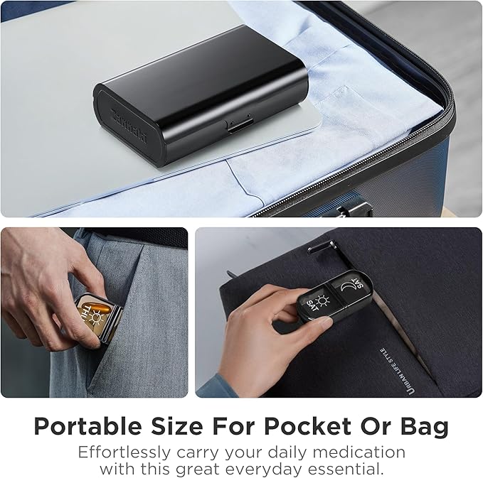 Zannaki Metal XL Weekly Pill Organizer 2 Times a Day, Large Travel Daily Pill Box 7 Day, Portable Week Twice Pill Holder Container, AM PM Pill Case for Medicine Vitamin Medication Supplement, Black