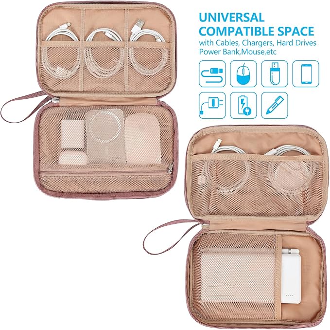 NISHEL Travel Cord Organizer Case, Double Layers Tech Electronic Bag, Essentials for Charger, Cable, Phone, Flash drive, Large, Rose-wood Pink