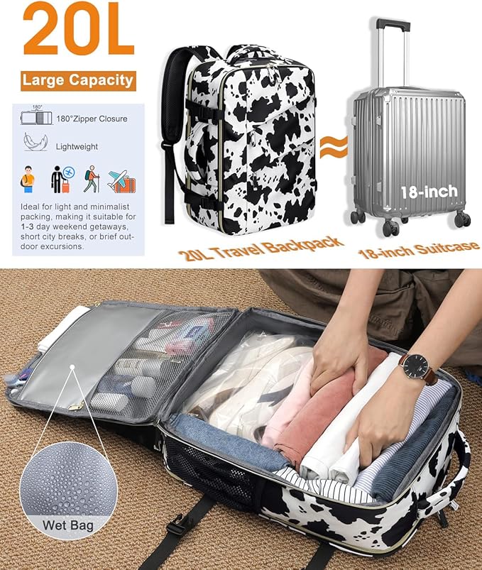 Capolo Travel Backpack for Women Men Waterproof Laptop Backpack Flight Approved Carry On Backpack Overnight Weekender Bag College Bookbag for Business, Work, Traveling Fits 15.6 '' Laptop,Cow Print