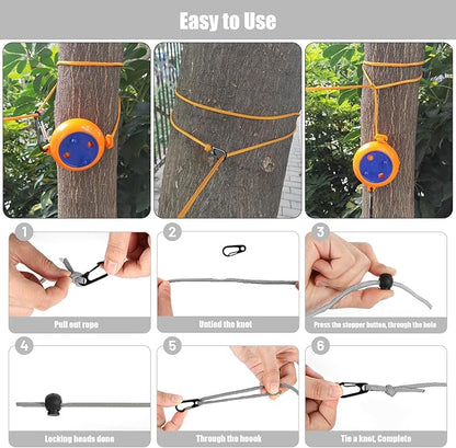 Portable Travel Clothesline Cord, Caudblor Adjustable 33ft Camping Clothes line, Laundry Drying Rope for Hotel Trip, Cruise, Outdoor/Indoor, with 12Pcs Stoppers, Windproof Clothespins