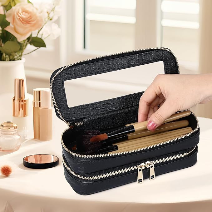 Pinkmik Double Layer Makeup Bag Makeup Brush Case Waterproof Travel Cosmetic & Toiletry Bag Purse Organizer and Car Essentials for Women (Black, Double SLIM)