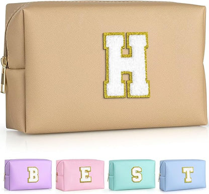 TOPEAST Preppy Bag, Monogrammed Makeup Bags with Zipper, Cute Makeup Pouch, Initial Birthday Gifts Bag for Daughter Friends Sister, Preppy Things for Girls (Khaki H)