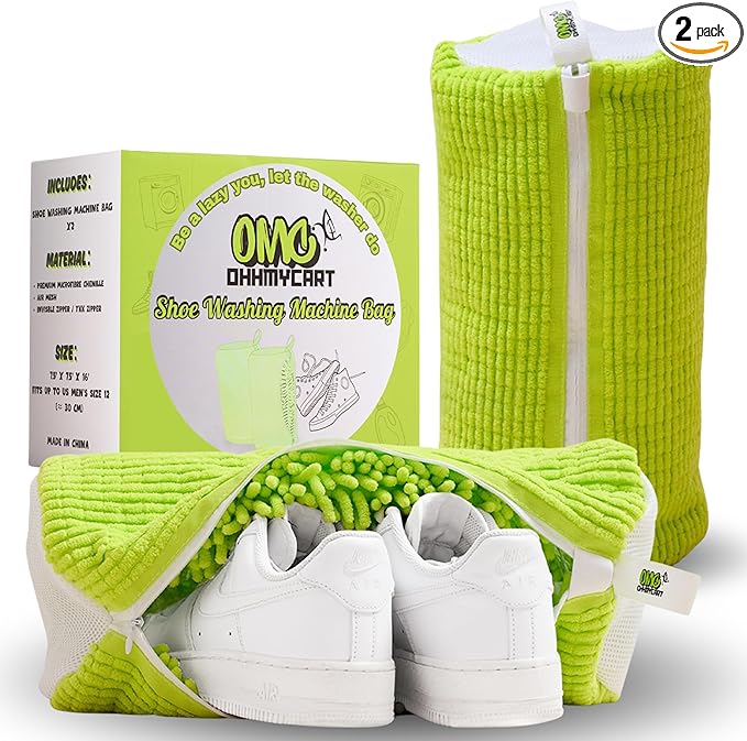 Shoe washing machine bag- Laundry Shoe Bag for washer and dryer, Protective Chenille Mesh Shoe Washing Bag with Invisible Zipper, Durable & Reusable for Sneaker Tennis Shoes (2-pack Green)