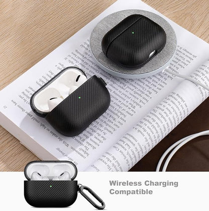 LOPIE Handmade for AirPods Pro 1st Generation Case Cover, Carbon Fiber Texture Vegan Leather Case with Keychain & Cleaner Kit, Protective Hard Shell Cover for AirPods Pro 1 - Black