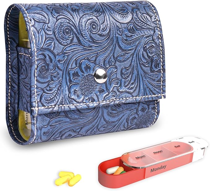 Pill Organizer,LIZIMANDU Weekly Travel Pill Case Box Medication Reminder Daily AM PM, Day Night 7 Compartments,for 4 Times A Day, 7 Days a Week-Includes Leather PU Carrying Case(1-Carved Blue2)