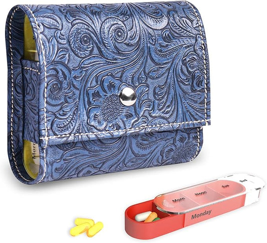 Pill Organizer,LIZIMANDU Weekly Travel Pill Case Box Medication Reminder Daily AM PM, Day Night 7 Compartments,for 4 Times A Day, 7 Days a Week-Includes Leather PU Carrying Case(1-Carved Blue2)