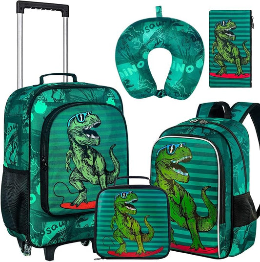 AGSDON 5 Piece Kids Luggage Set for Boys, Cute Rolling Wheels Suitcase for Toddler, Children Travel Carry on Suitcase-Dinosaur