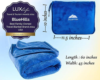 BlueHills Premium Soft Travel Blanket Pillow Airplane Blanket Packed in Soft Bag Pillowcase with Hand Luggage Belt and Backpack Clip, Compact Pack Large Plush for Any Travel (Royal Blue T003)