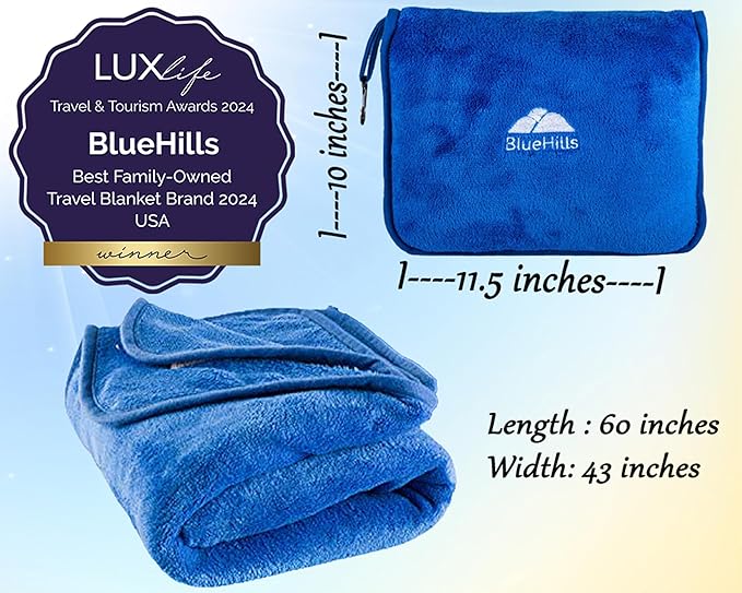 BlueHills 2-Pack Premium Soft Travel Blanket Pillow Airplane Blanket in Soft Bag Pillowcase with Hand Luggage Belt and Backpack Clip, Compact Pack Large Blankets for Any Travel Royal Blue T015