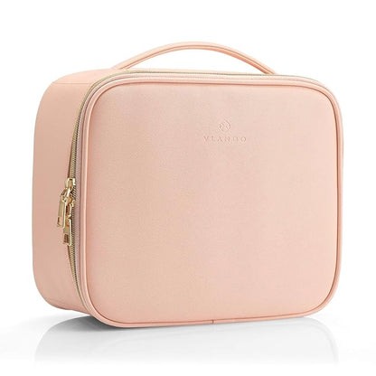 Vlando Travel Makeup Bag, Large Capacity Cosmetic Bag for Women PU Leather Makeup Case Organizer Portable Make up Bag with Dividers and Handle for Girls,Wedding,Makeup Brushes Pink