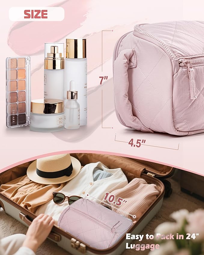 Travel Toiletry Bag for Women, Water Resistant Makeup Organizer with Wide-Open Design for Toiletries and Cosmetics, Pink (Bag Only)