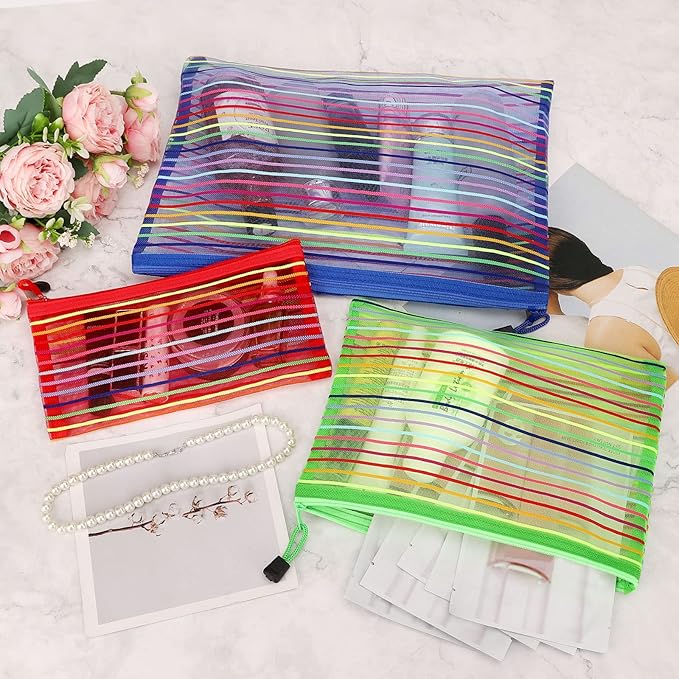 12 Pieces Zipper Nylon Mesh Pouch, Mesh Cosmetic Bags Makeup Bags Pencil Case, Multipurpose Travel Bags for Cosmetic School Office Supplies and Travel Accessories (Multicolor A, Assorted Sizes)
