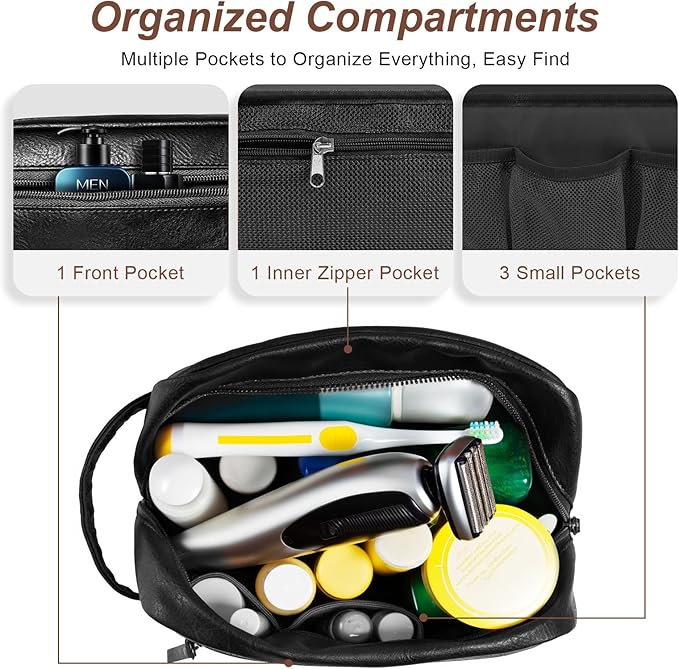 Travel Toiletry Bag for Men and Women, Travel Shaving Dopp Kit Water-resistant Bathroom Toiletries Organizer PU Leather Cosmetic Bags (Black)