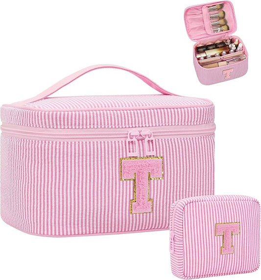 Initial Makeup Bag Cosmetic Bag Bridal Shower Gifts - Bridesmaid Bag,Bridesmaid Proposal Gifts for Wedding Day,Maid Matron of Honor Gift, Bride to be Gifts,Bachelorette Party Favors,Pink T