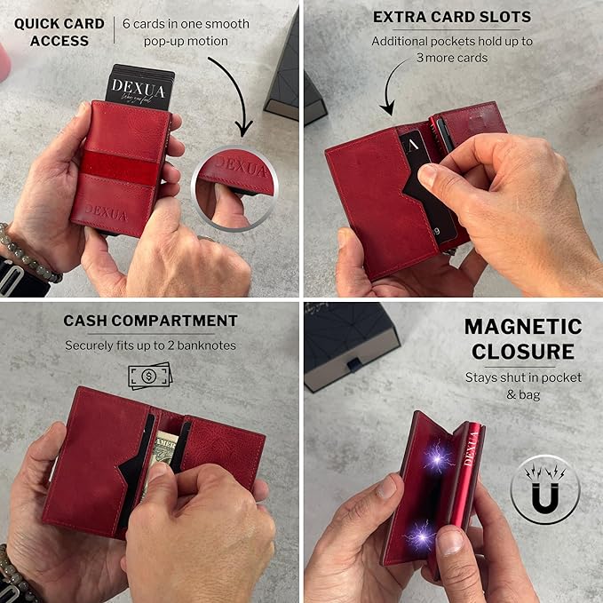 Mens Wallet, Premium Leather Slim Wallet, RFID Blocking Pop-Up Card Holder, Extra Credit Card Slots, Cash Slot, Magnetic Closure, Christmas Gift Ready Gift Box Included