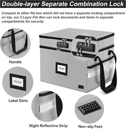 Fireproof Document Box with Lock, 2-Layer File Box Storage Organizer with 5 Tabs& Insert, Portable File Cabinet Storage Box with Handle for Hanging Letter,Legal Size Folder/Certificate, Silver Grey