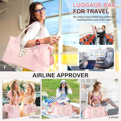 Dance Gym Duffel Bag for Teen Girls, Personalized Initial Travel Weekender Bag,Cute Overnight Carry On Duffle for Women,Sports Travel Cheer Bag,Monogram Christmas Gifts for Tween Preppy(pink-F)