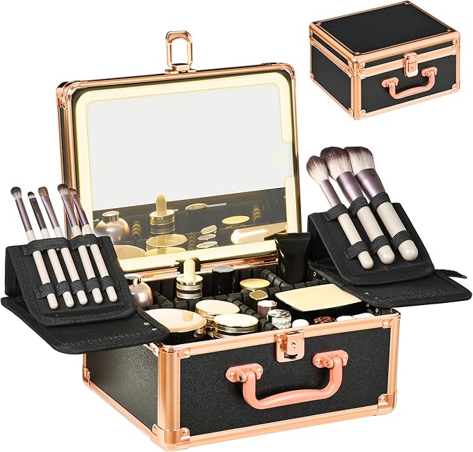 Makeup Case with Lighted Mirror, Makeup Box Organizer with Detachable LED Mirror, Travel Makeup Train Case, Waterproof Cosmetic Organizer, Standing Makeup Brush Holder, Gift, Black Gold