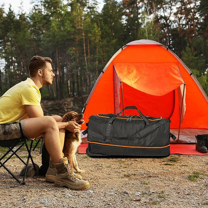 Vomgomfom 32" Soft-Sided Foldable Wheeled Travel Duffel Bag,Expandable 110L to 140L Rolling Cargo Bag with 2 Wheels and Multiple Pockets,Black-orange