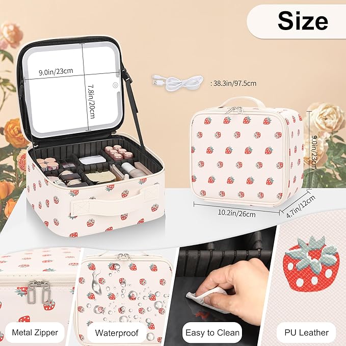 TANTO Makeup Bag With LED Mirror, Travel Makeup Case with Light up Mirror Fashion Cute Cosmetic Bag with 3 Color Lighted Portable Organizer Case with Adjustable Dividers （Strawberry/Beige,Small）