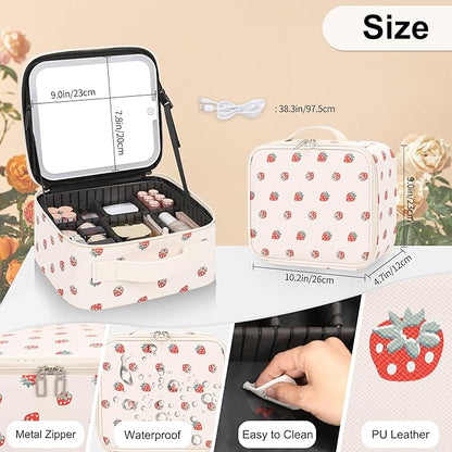 TANTO Makeup Bag With LED Mirror, Travel Makeup Case with Light up Mirror Fashion Cute Cosmetic Bag with 3 Color Lighted Portable Organizer Case with Adjustable Dividers （Strawberry/Beige,Small）