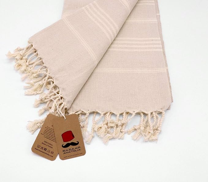 Bazaar Anatolia Slim Line Turkish Towel 100% Cotton Peshtemal Beach Towel 76x38 Thin Lightweight Travel Camping Bath Sauna Gym Pool Blanket Quick Dry Towels (Cream) - Made in Turkiye