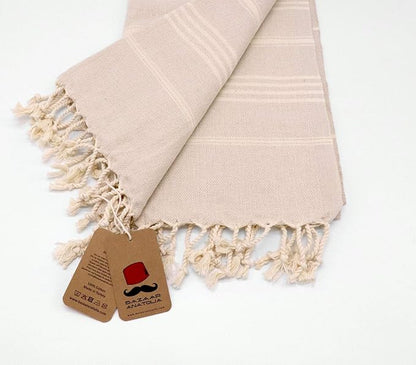 Bazaar Anatolia Slim Line Turkish Towel 100% Cotton Peshtemal Beach Towel 76x38 Thin Lightweight Travel Camping Bath Sauna Gym Pool Blanket Quick Dry Towels (Cream) - Made in Turkiye