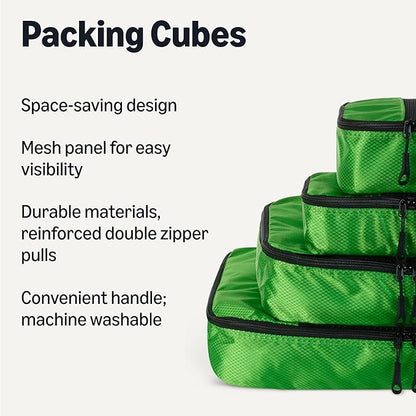 Amazon Essentials 4-Piece Packing Cubes Travel Accessories Set, Luggage Organizer with Double Zipper, Mesh Top, 100% Polyester, Small/Medium/Large/Slim, Green (Previously Amazon Basics)