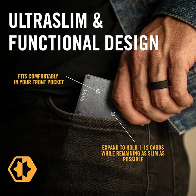 Ridge Wallet for Men - Slim Minimalist Compact Wallet and Card Holder, RFID Protected Front Pocket Wallets for Men with Integrated Cash Strap (Stonewashed Titanium)