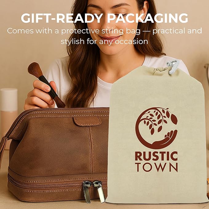 RUSTIC TOWN Leather Toiletry Bag for Men - Travel Gift Shaving Ditty Kit - Bathroom Shower Toiletries Organizer - Cosmetic Makeup Bag for Women