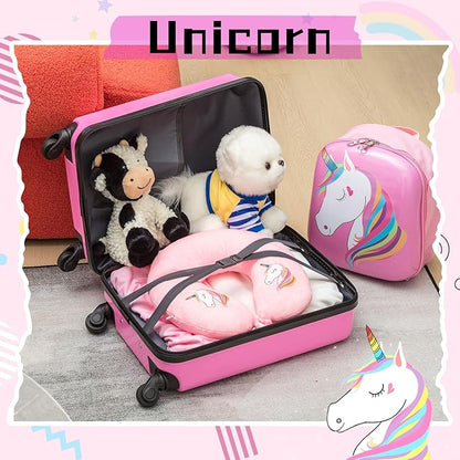 Sanwuta 4 Pcs Kids Luggage Set Backpack Travel Rolling Suitcase U-shape Pillow Christmas Children Gift for Girls Boys(17 Inch,Unicorn Style,Pink)