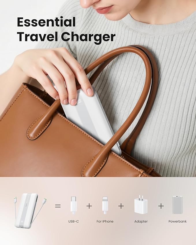 Fast Charging Power Bank, USB C Portable Charger Built in Cables and Wall Plug, 10500mAh 22.5W 4 Outputs 3 Inputs LED Display External Battery Pack Compatible with iPhone/Android (White)